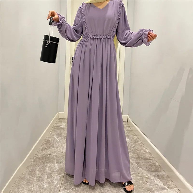 Abaya высококачественное Двухслойное шифоновое длинное скромное платье с оборками на рукавах Дубайская мусульманская одежда Flowy