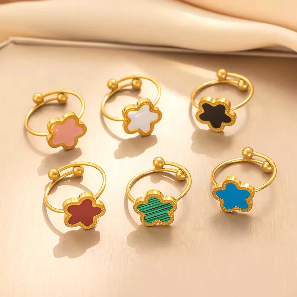Hot Stainless Steel 18k Gold Shell Four Leaf Clover Flower Open Finger Ring Women Adjustable Knuckle Stacking Ring For Gift