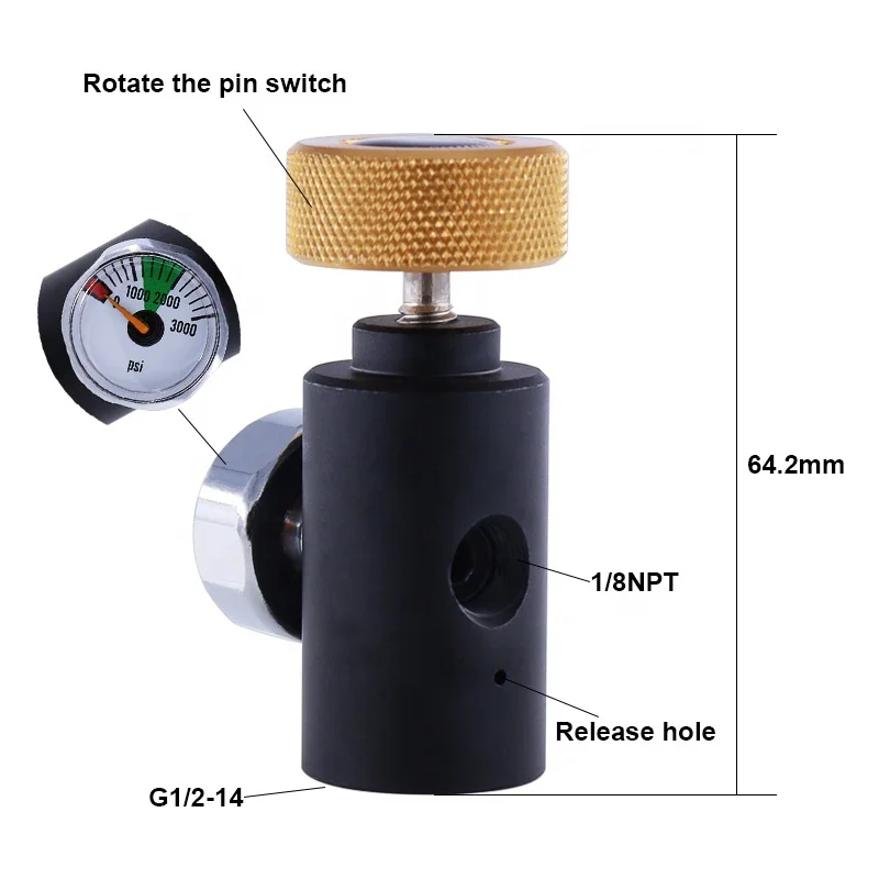 Paintball CO2 ASA Adapter On/Off with 3000psi Gauge