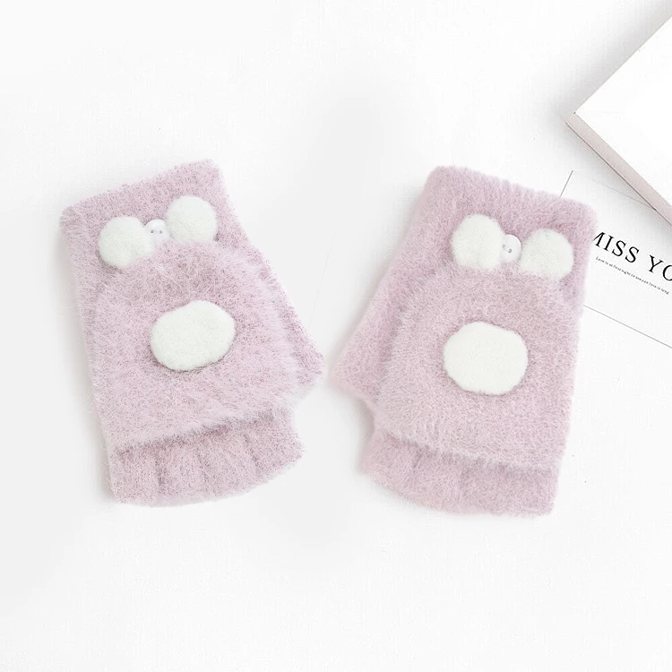 Convertible Flap Cover Kids Knitted Warm Faux Mink Fur Fingerless Gloves