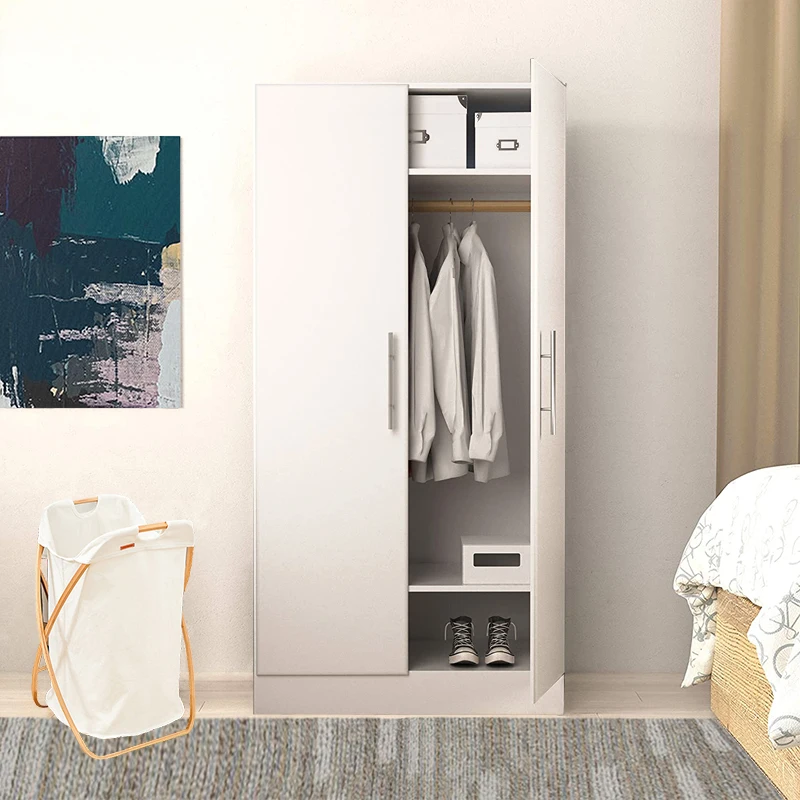 2 Door Modern Minimalist Wardrobe Closet Storage Cabinet with Partitions and Clothes Rail, Simple White