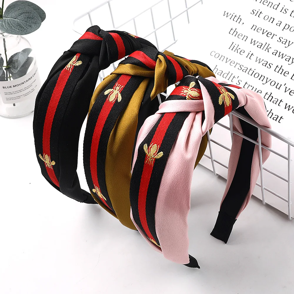 Gold Honeybee Print Knotted Wide Headband Head Wrap Hair Band Head Hoop Striped Ribbon Hair Decoration