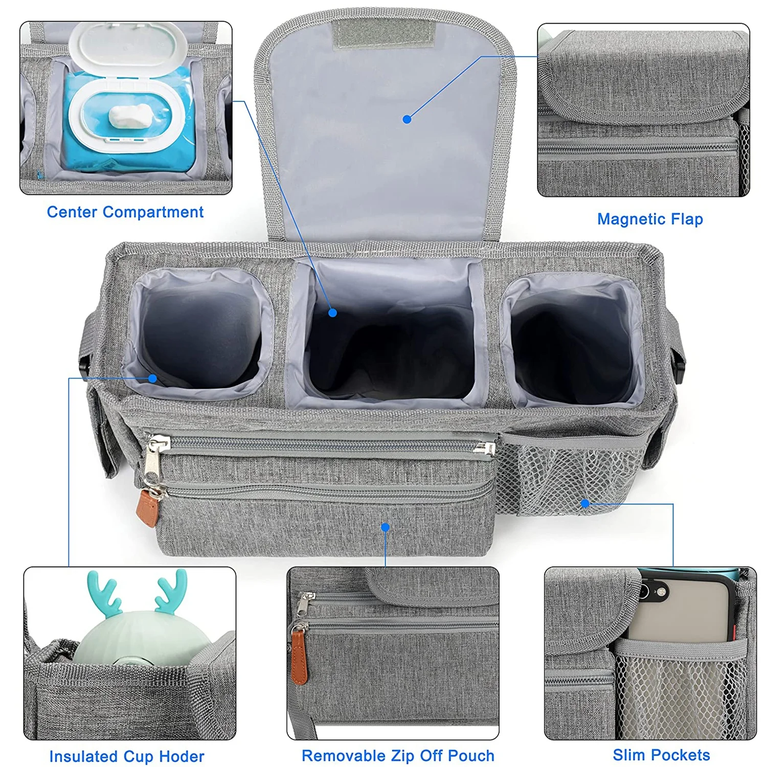 Universal Baby Stroller Organizer Bag Parent Console with Cup Holder and Detachable Handbag Fits All Baby Strollers