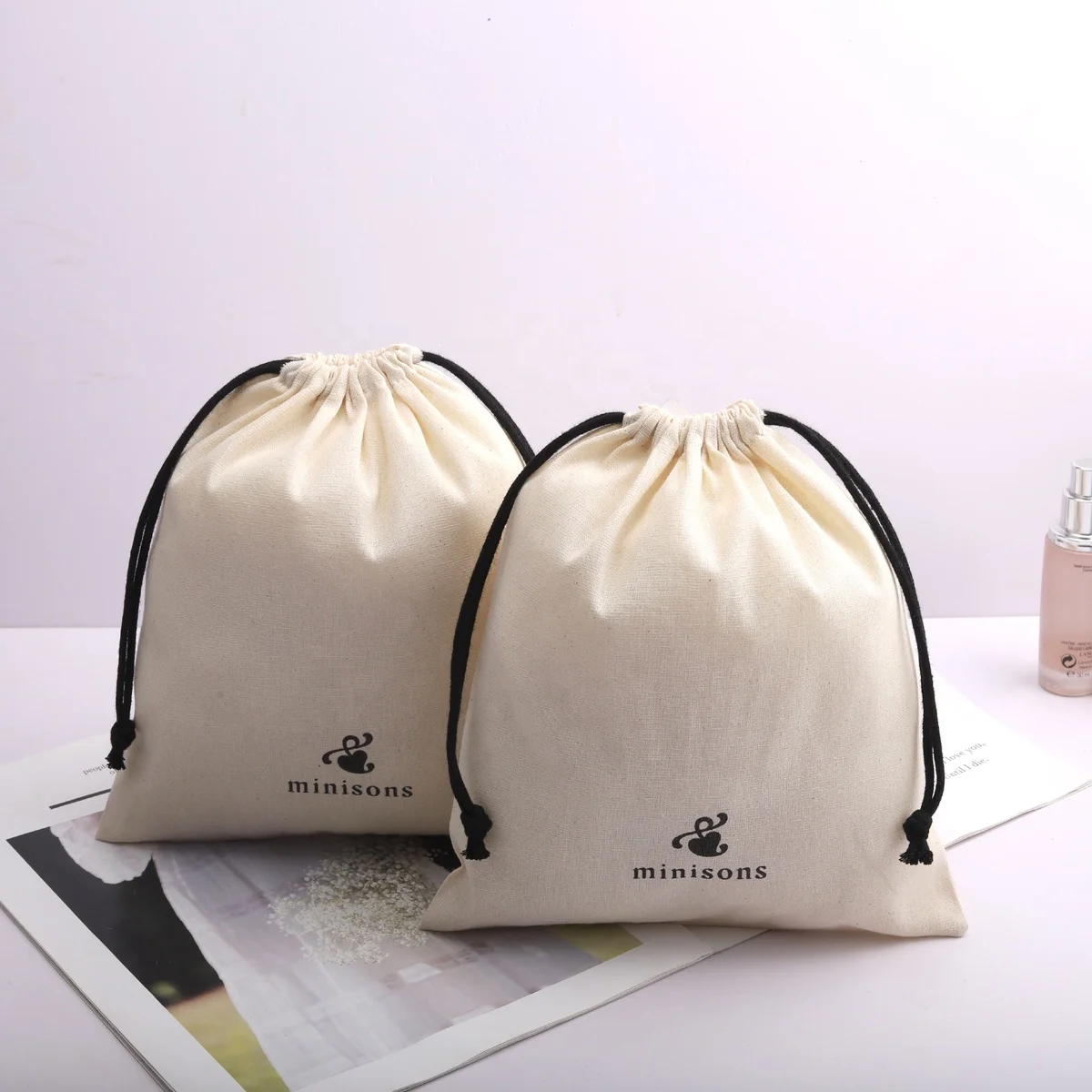 Custom Logo Printed Natural Cotton Blank Hats Clothing Gift Hair Shopping Packing Muslin Bags Drawstring Pouches