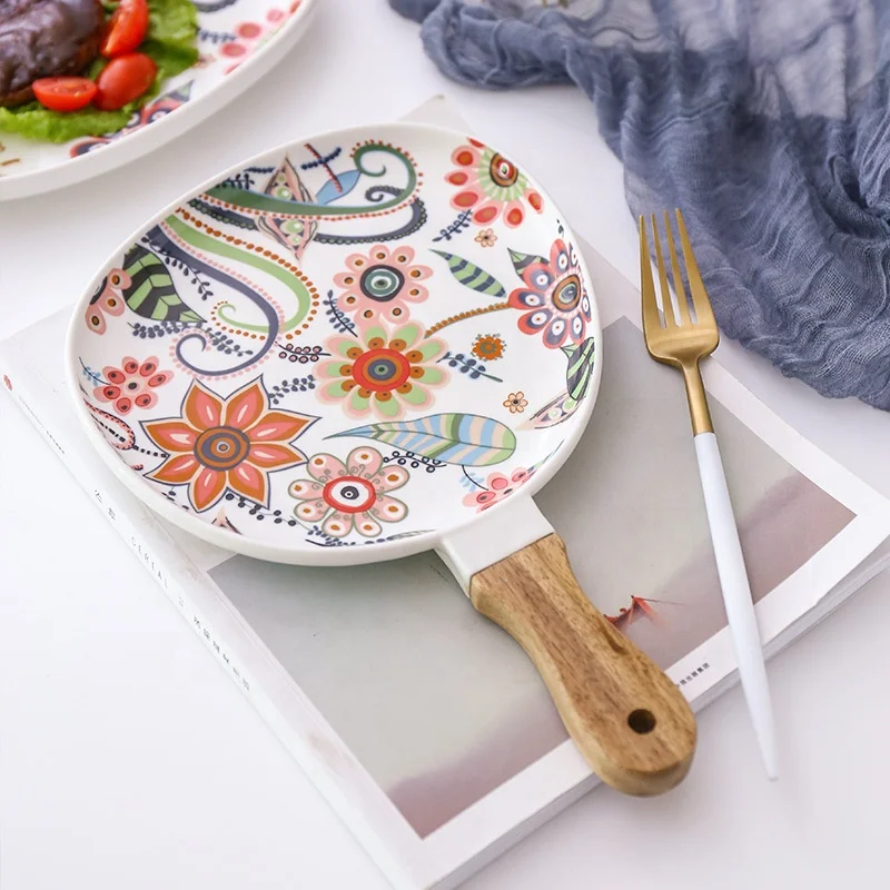 High quality ceramic tray serving plat wooden handle Fine bone china serving tray with hand paint flower