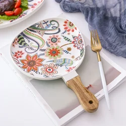 High quality ceramic tray serving plat wooden handle Fine bone china serving tray with hand paint flower