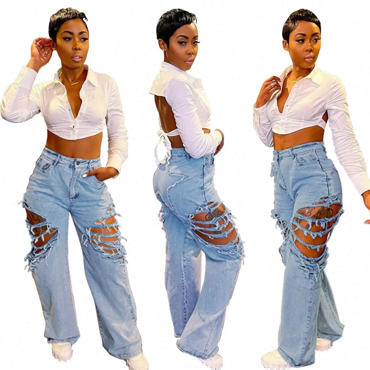 QUEENMOEN Good Quality Mid Waist Washed Distressed Ripped Holes Woman Jean 2021 Wide Leg Street Wear Jeans Button Denim Jeans