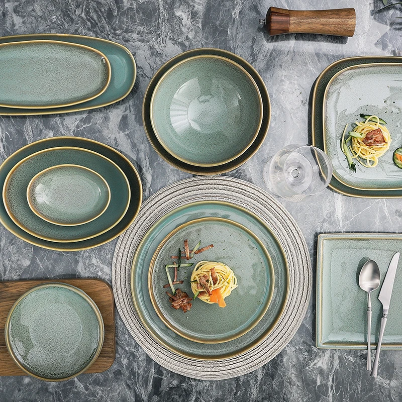 Роскошная королевская посуда Horeca Западный кофейный чайный сервиз наборы посуды реактивный зеленый глазурованный роскошный фарфоровый обеденный набор