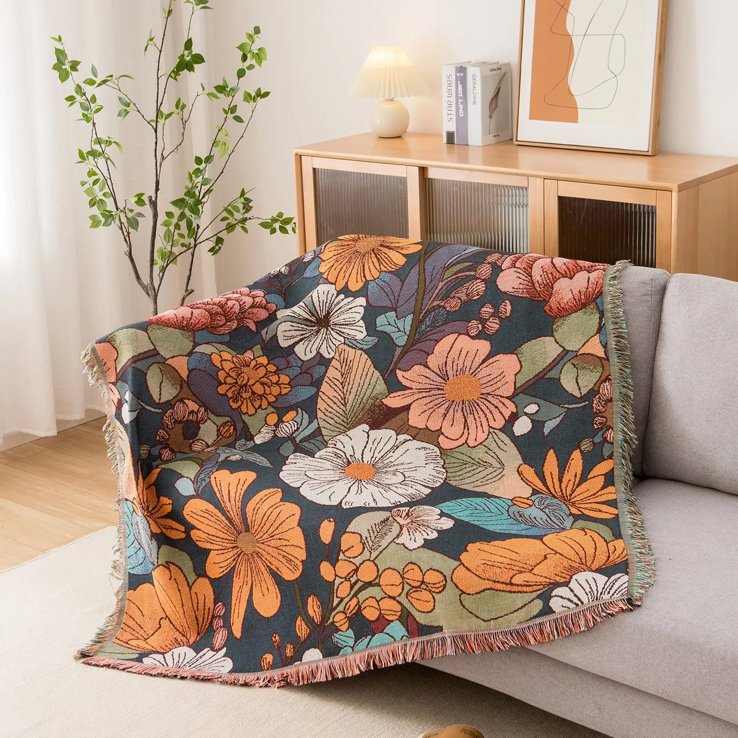 Flower Throw Blanket Reversible Cotton Polyester Bohemian Tapestry Hippie Room Decor Outdoor Camping Blanket