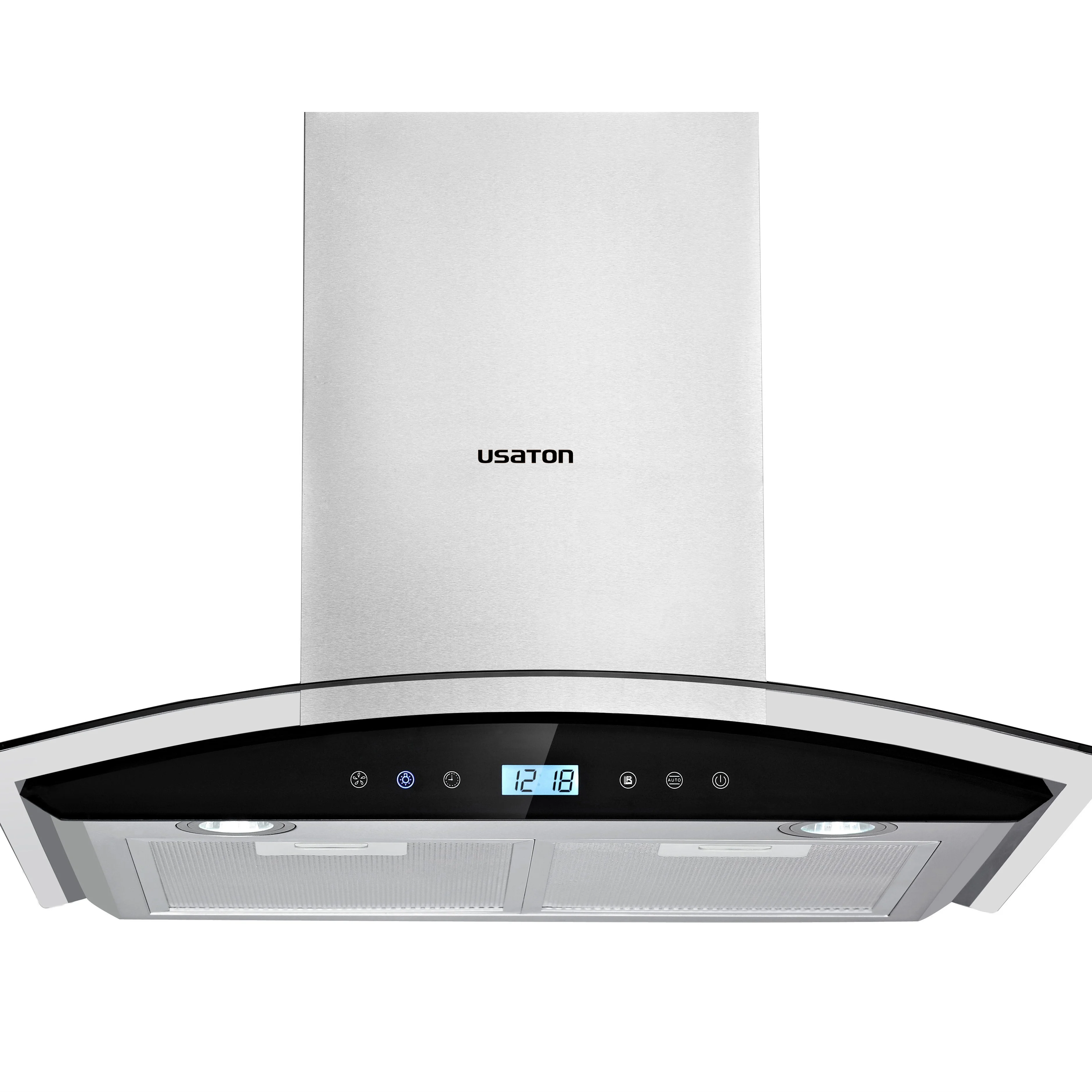 Modern high efficiency unique design kitchen chimney exhaust hood island curve glass restaurant kitchen smart range hood