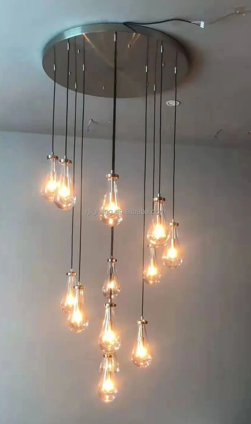 modern entrance foyer handblown K9 glass restoration brass bronze pendant lamp high ceiling luxury rain chandelier