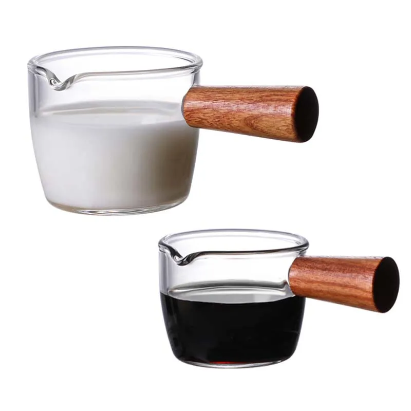 Hot sale 50ml 70ml 75ml 80ml Glass Creamer Dispenser Pitcher Maple Syrup Sauce Dispenser Container Cup With Wooden Handle