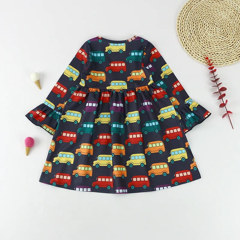 A1-LYQ-2104023 Customized Cartoon Cars Full Printed girl baby frocks party wear