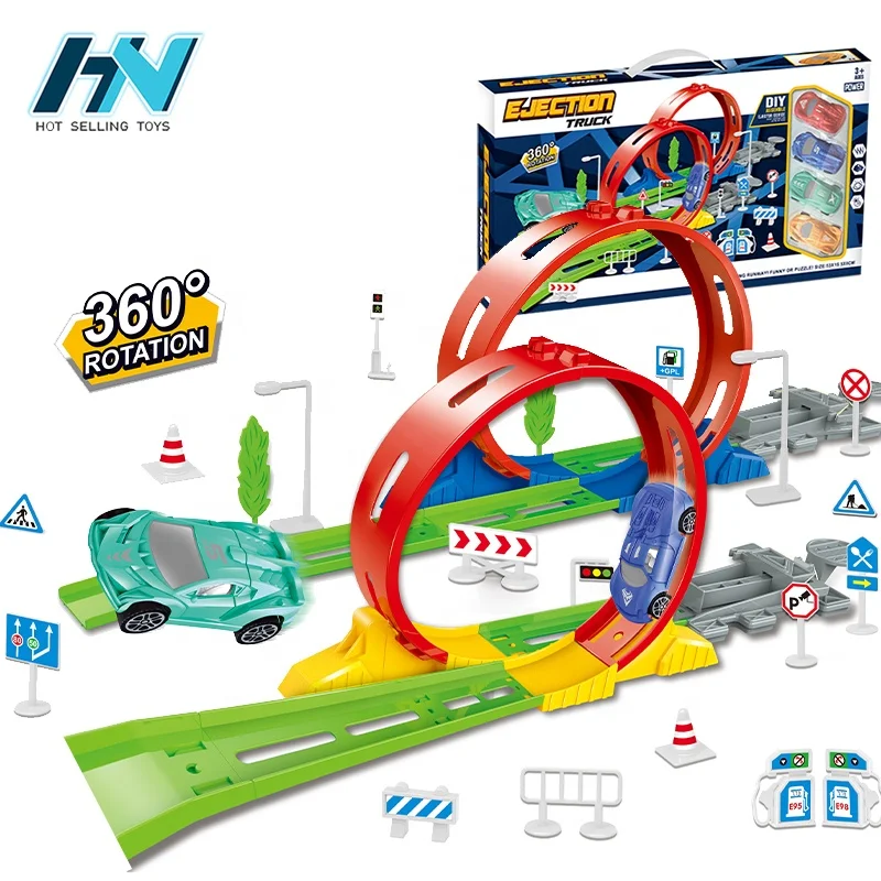 Special effects track racing 360 rotation 4pcs mini car Ejection race track for kids