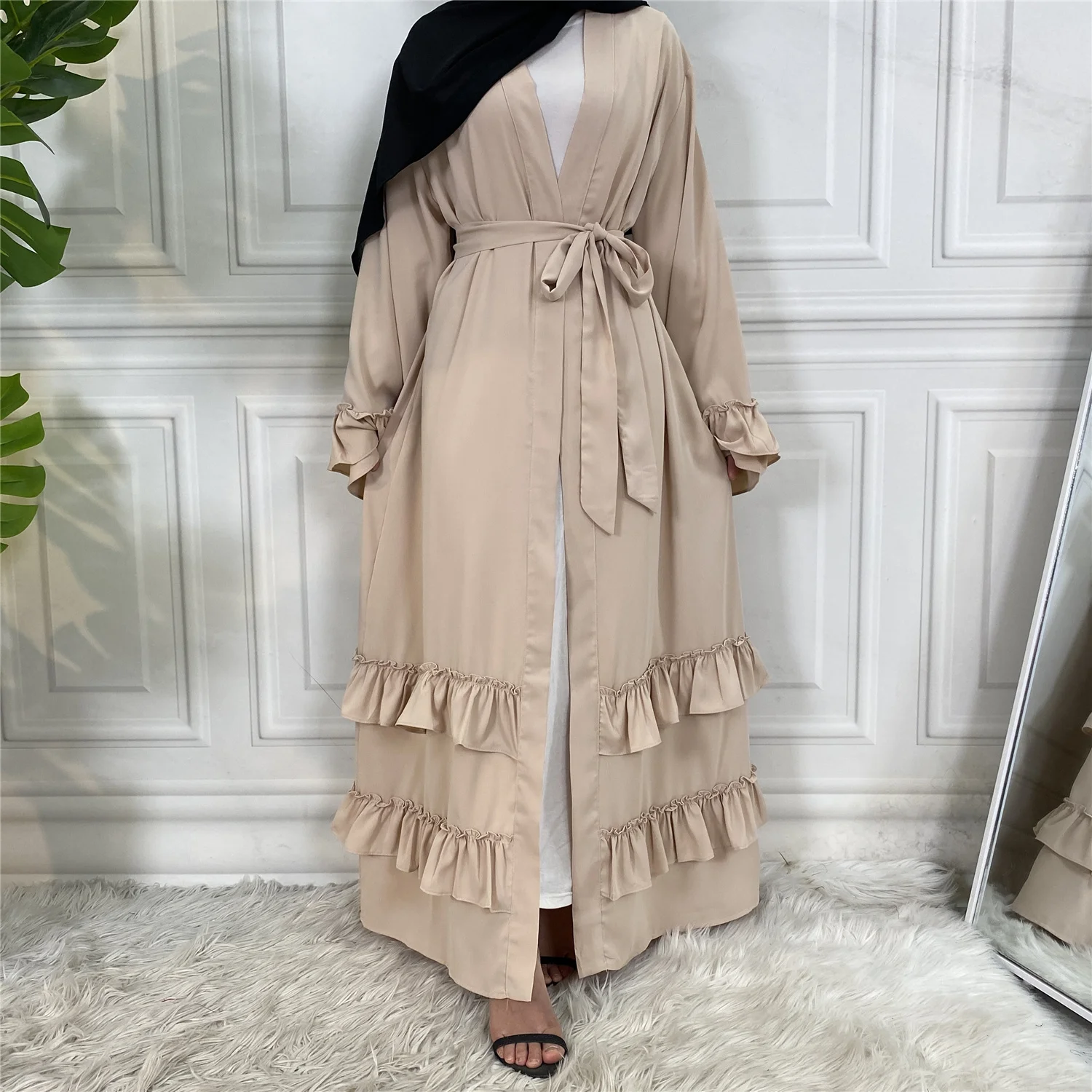 02#2022 Latest Simple Wholesale  Ruffle Sleeve With Pocket Women Muslim Dress Islamic Clothing Dubai Abaya