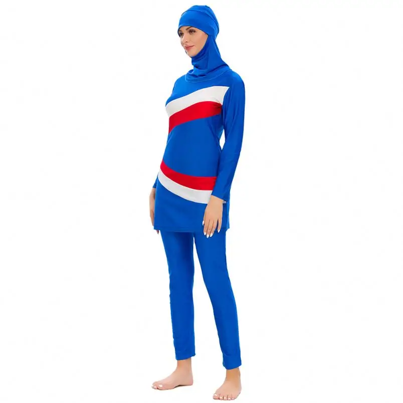 2020 High Quality Fashion Islamic Blue Three Piece Patchwork Muslim Swimwear
