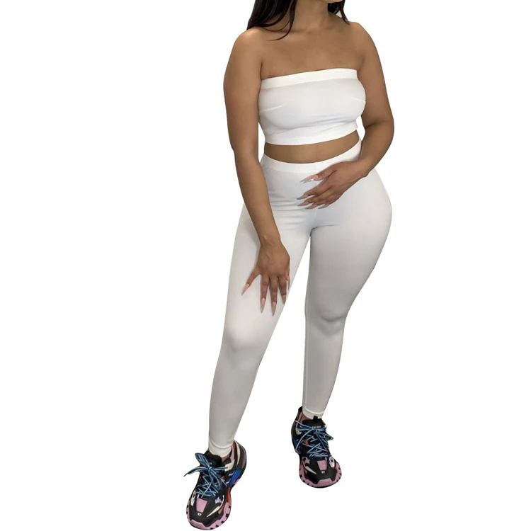 Womens Casual Solid Color Tube Top Pencil Pants Sports Two Piece Suit Gym Summer Womens Jogging Sets 2 Piece