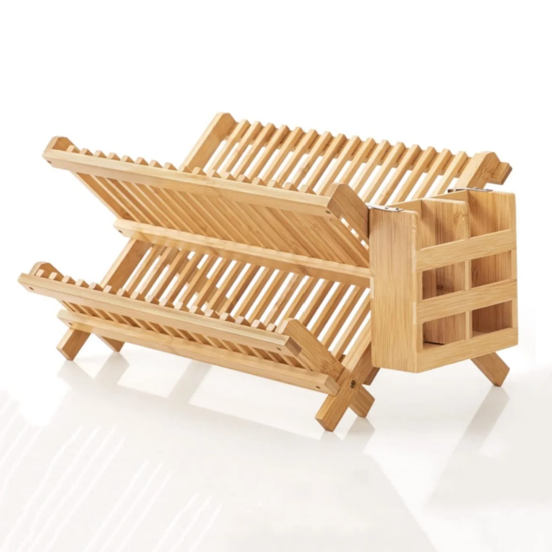Bamboo Folding 2-Tier Collapsible Drainer Dish Drying Rack with Utensils Flatware Holder Set Dish Rack