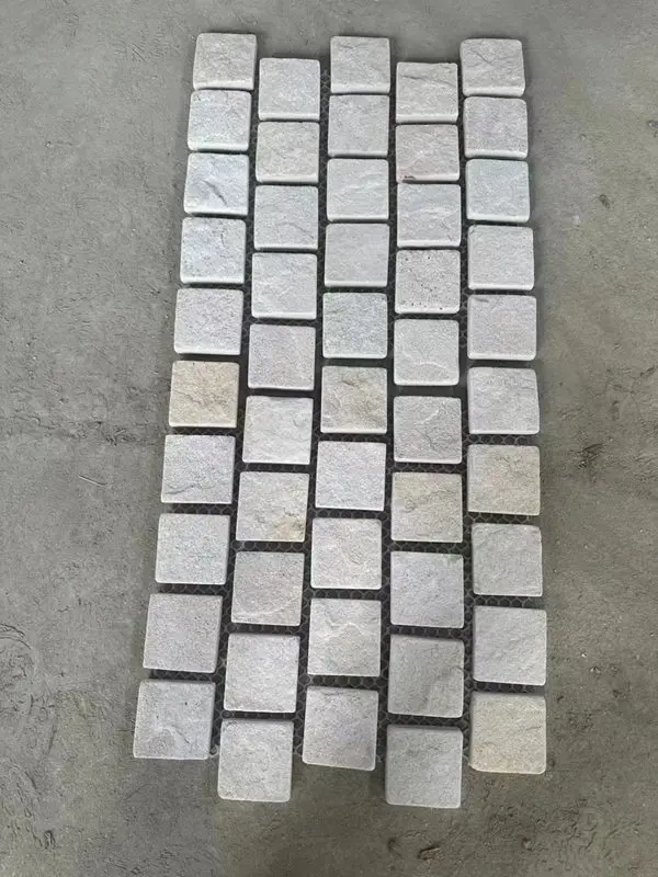 Tumbled brick bond design square white sandstone cobblestone on mesh for patio flooring
