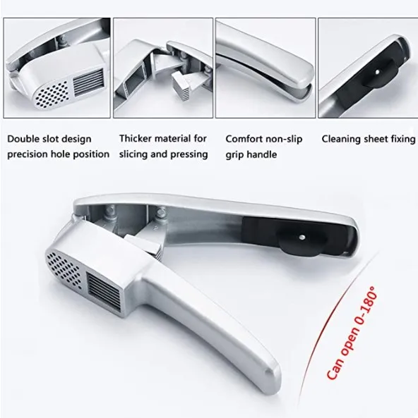 Garlic Press,2 in 1 Garlic Mince and Garlic Slice with Garlic Cleaner Brush and Silicone Tube Peeler Set.Easy Squeeze,Rust Proof