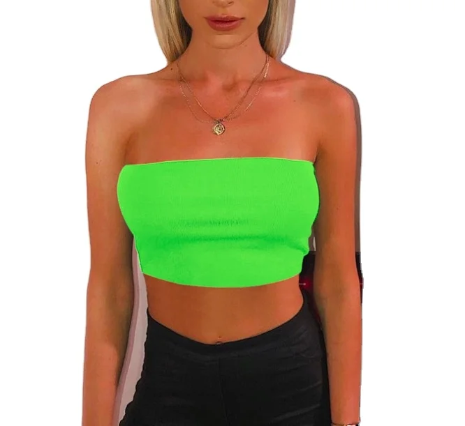 Women Neon Tube Tops Bandeau Shirred Crop Top Tartan Strapless Wrap Chest Bustier Camisole Summer Tee Streetwear Sexy Party Club