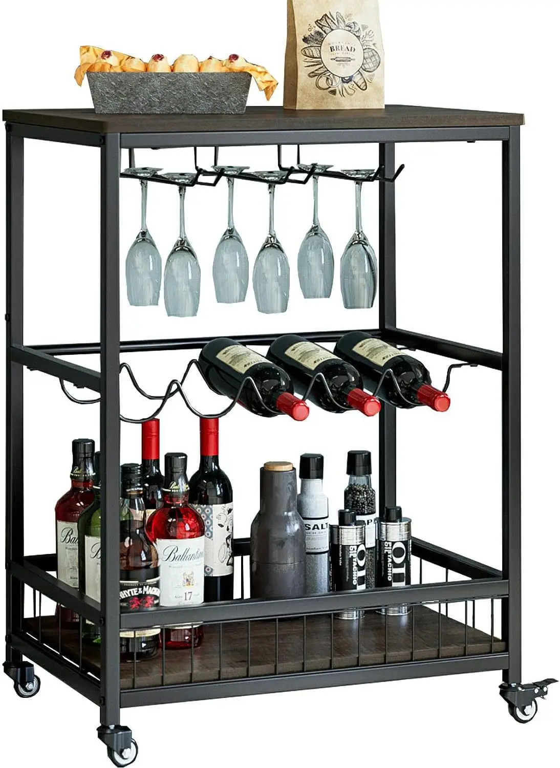 Wine Racks and Glass Holders Kitchen Rolling Wine Beverage Serving Cart Wine Bar Cart