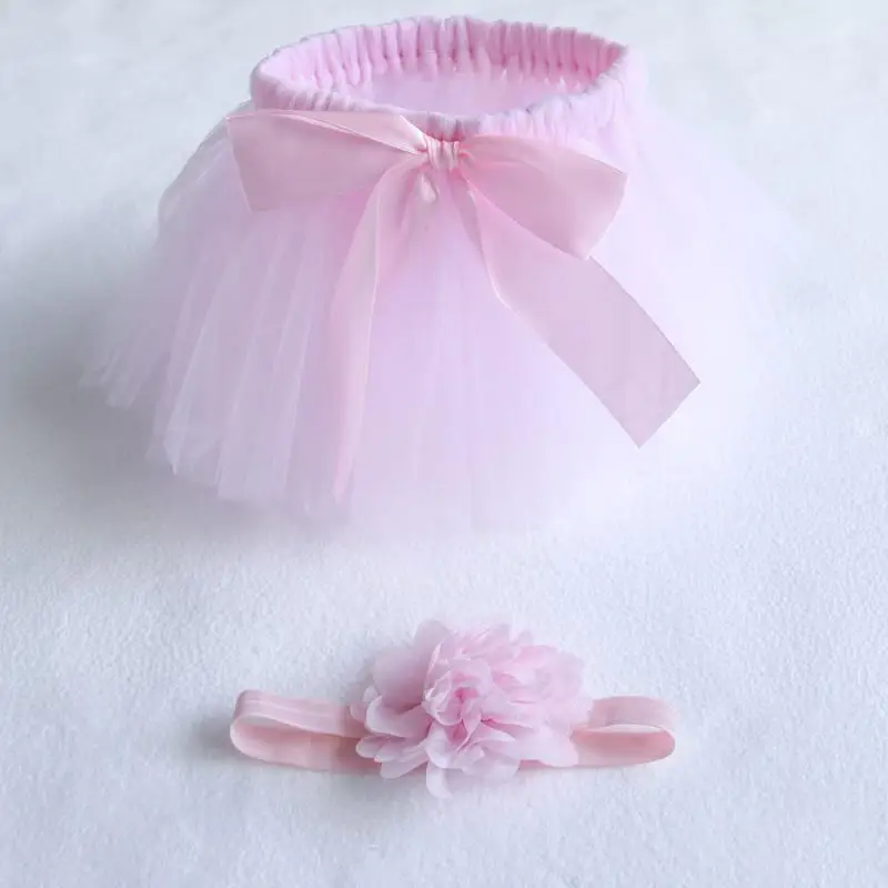 
2-Piece Solid Bow Decor Tutu Skirt Headband For Baby Gril 