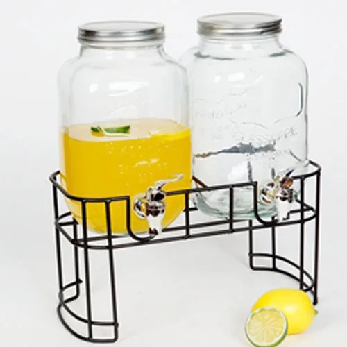 3L Double Set Ice Cold Drink Glass Beverage Dispenser with Metal Stand