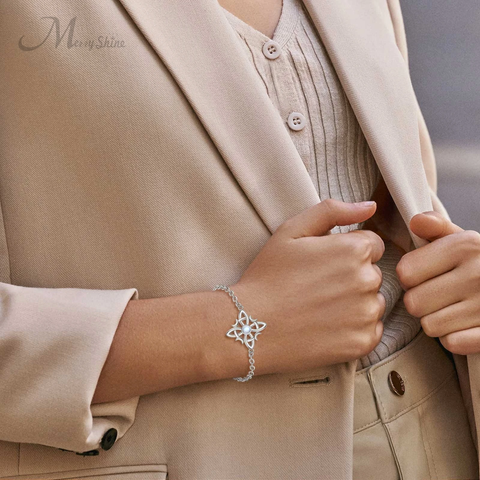 Merryshine 925 Sterling Silver good luck Irish jewelry moonstone witch knot bracelet for women