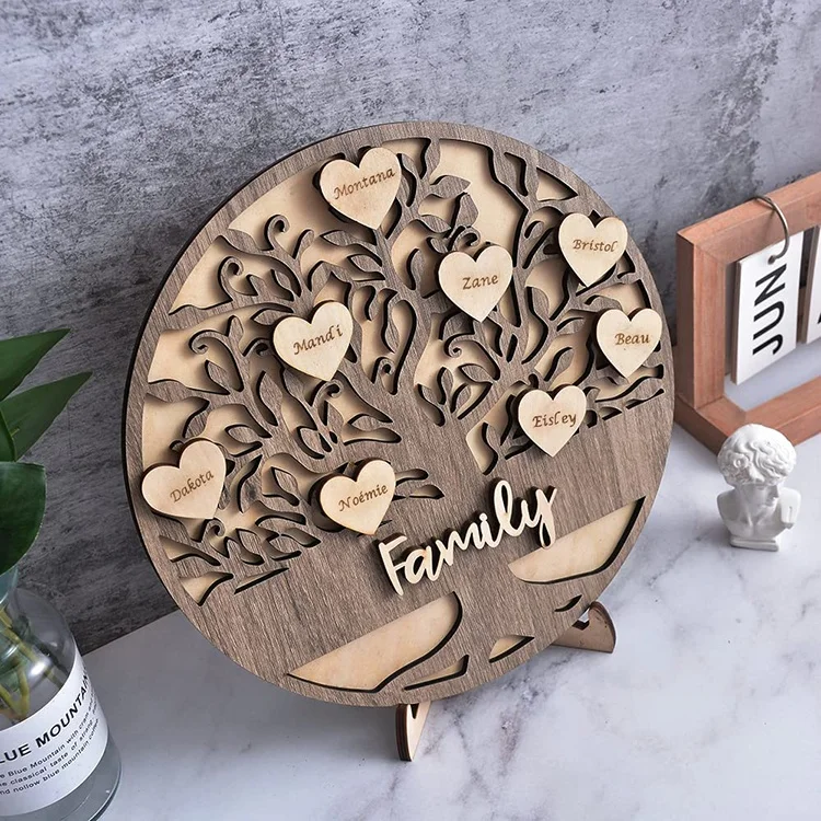 Handmade Wooden Decoration Family Tree Personalized Family Name Sign with Names on Heart Shape