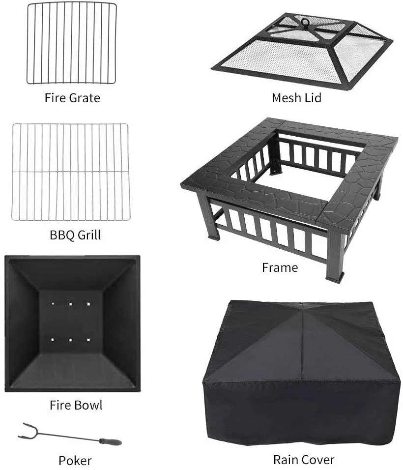 3 in 1 BBQ Grill Exterior Fire Pit Patio fire pits wood burning with grill and waterproof protective cover