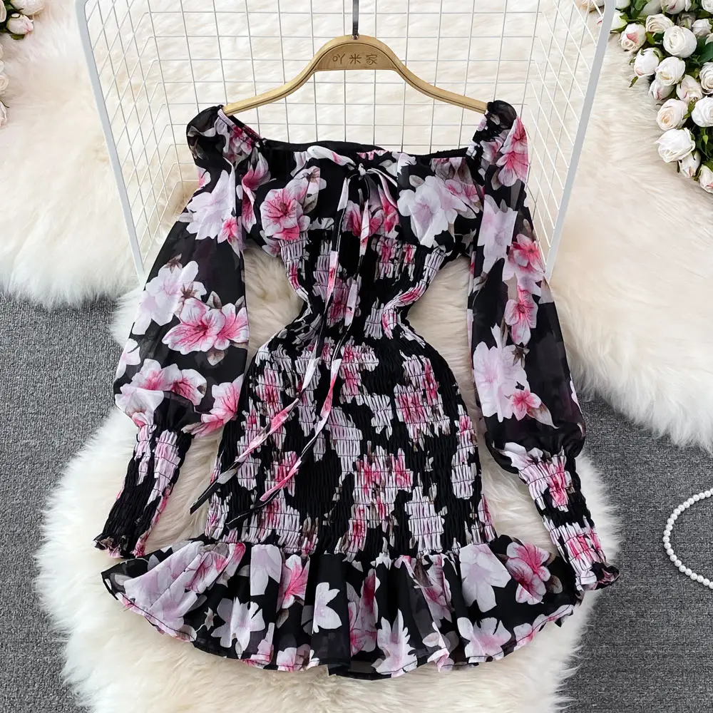 Floral Dress Women 2021 Summer Elegant Ribbon Ruffled Sleeves Pleated V-neck Slim Long Chiffon Dresses Stock