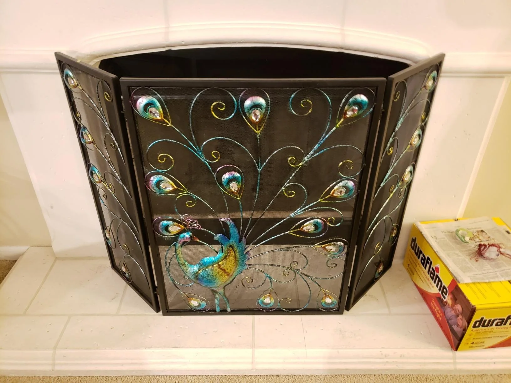 FUHUA freestanding 3 Panel Heavy Duty metal Fireplace Screen peacock fire screen