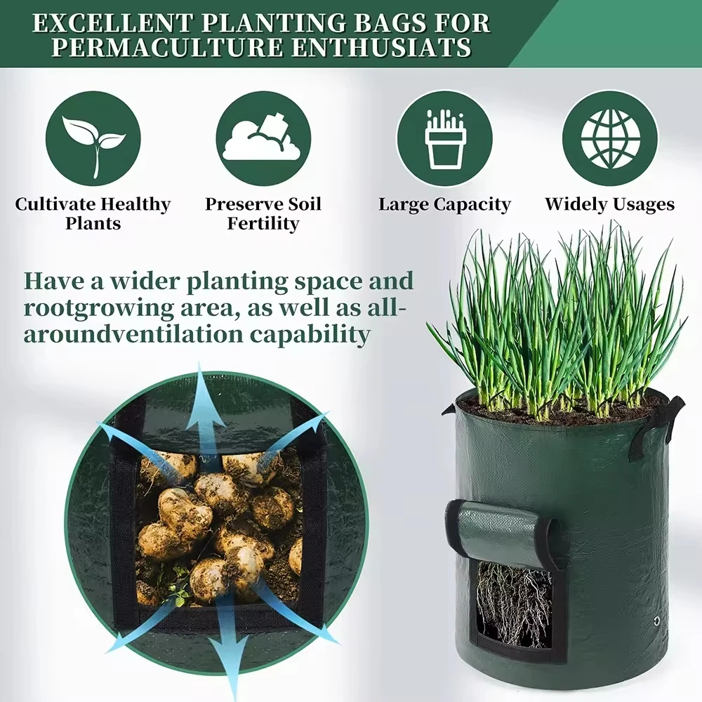 Potato Grow Bags 4 Pack 10 Gallon with Flap and Handles Planter Pots for Onion Fruits Tomato Carrot - Green