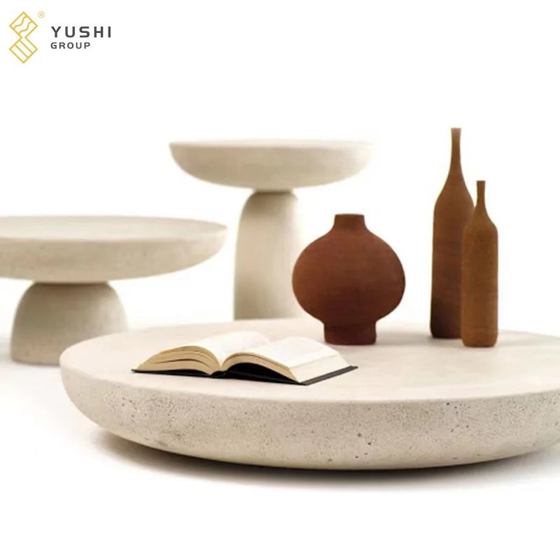 Modern Yushi Group simple design home decoration polished travertine marble coffee table beige natural style round table