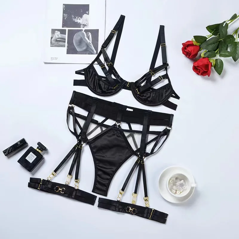 Women  Lingerie Sexy Fancy Underwear Hollow Out Kissy Bra 3-Pieces Garter Belt With Stockings Fetish Fantasy Intimate Set