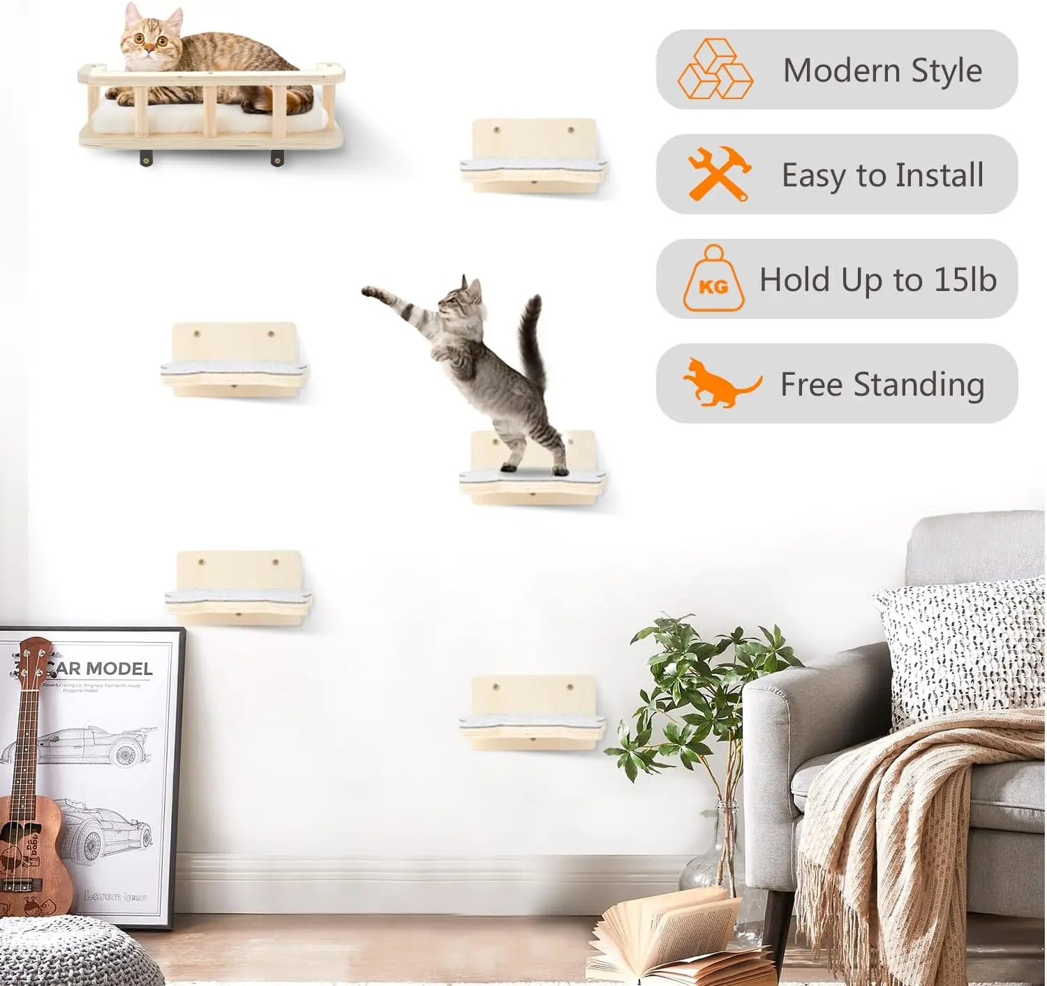 202407 Cat Hammock Cat Wall Shelves with 5 Steps Perches for Wall Cat Wall Furniture