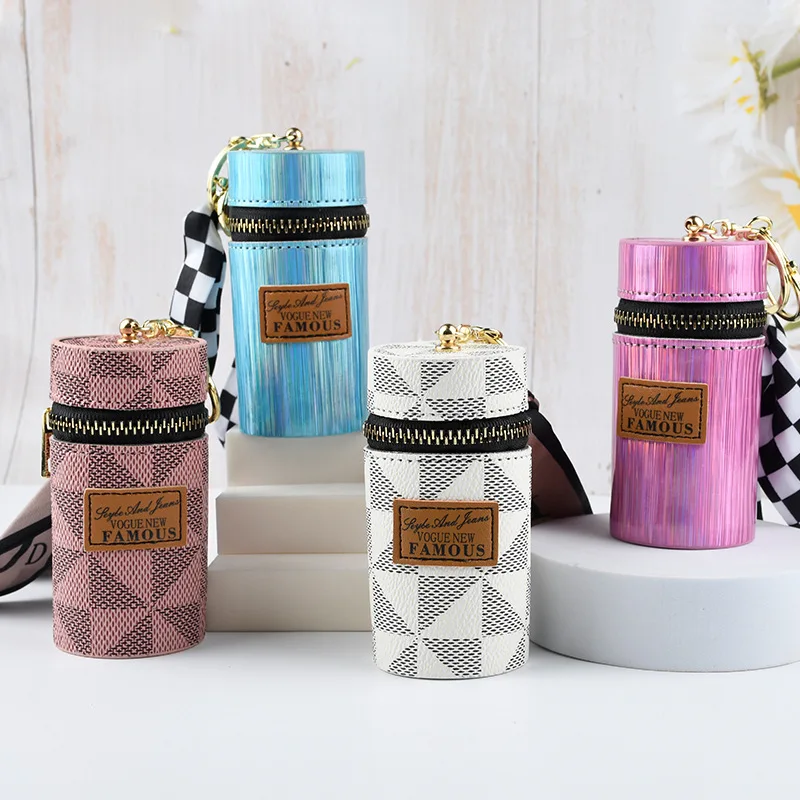 Luxury Fashion Women Mini Leather Lipstick Bag Keychain Custom leather bucket lipstick bag keychain