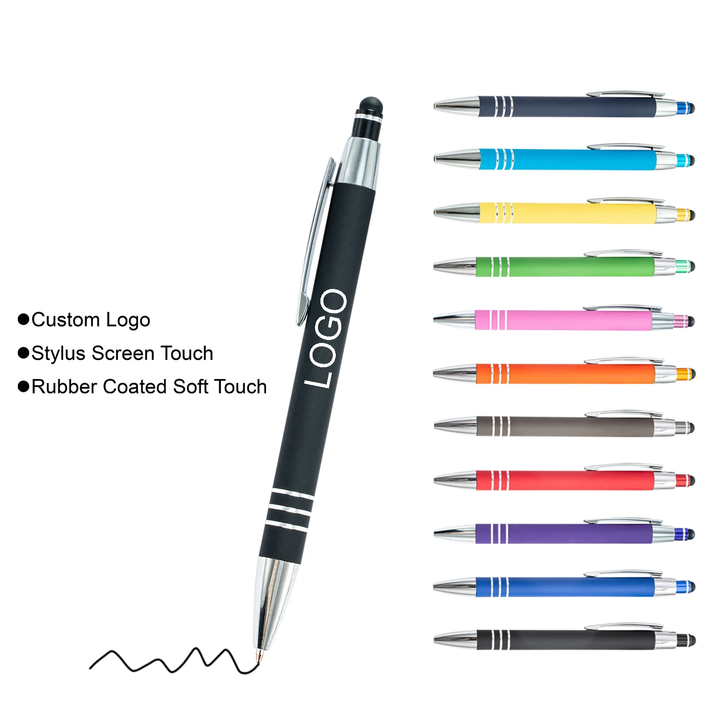 JH Office Supplies Custom Logo Pens 3 Rings Click Action Metal Ballpoint Pens With Screen Touch