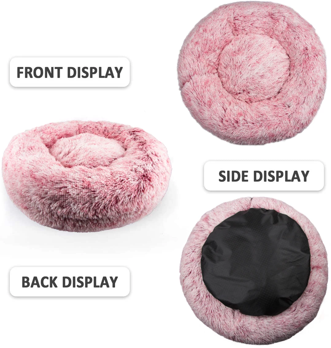 Soft Warm Faux Fur Donut Dog Bed Calming Plush Luxury Fluffy Pet Bed Round Washable with Custom Logo