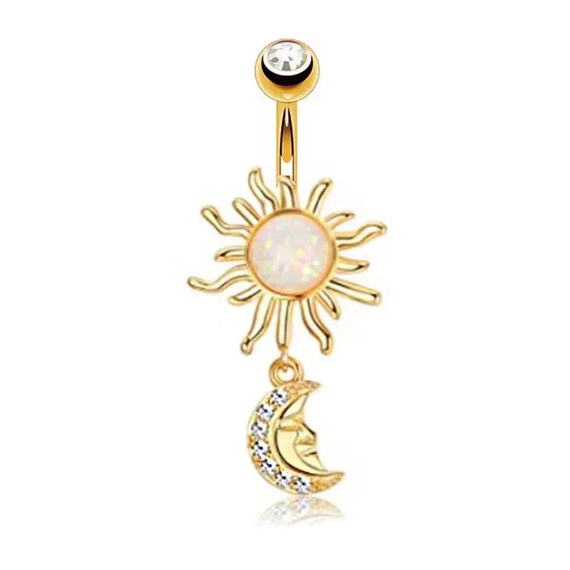 Trend wholesale 0.8mm*6mm stainless steel zircon moon flower heart  navel rings  for women navele stud piercing