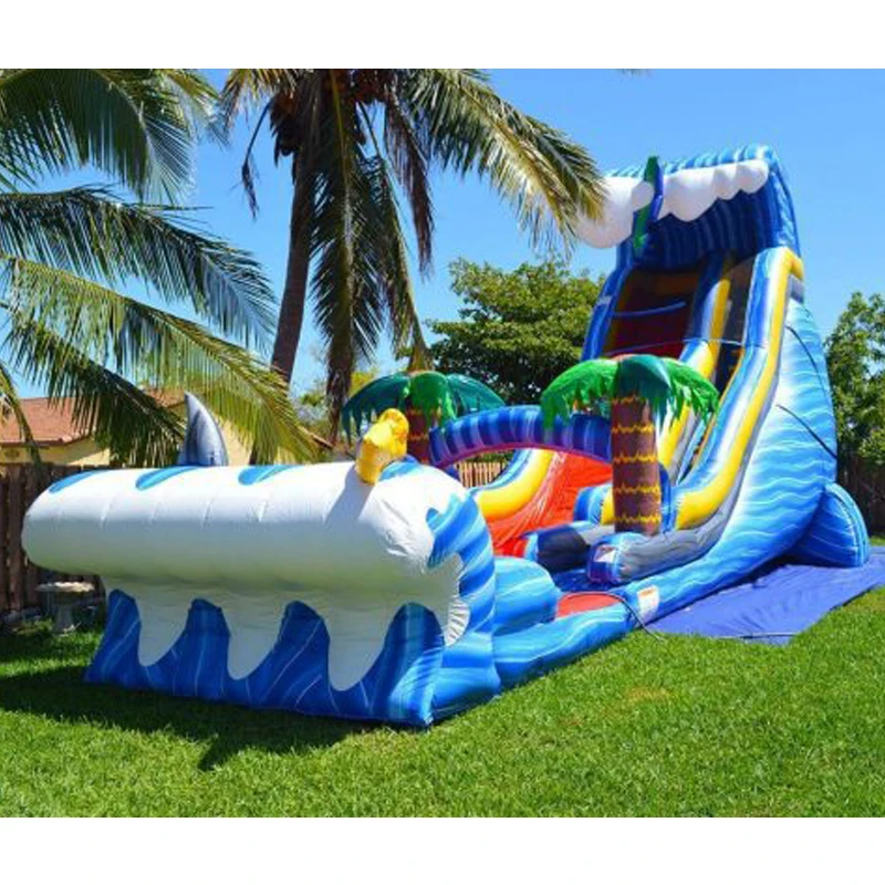 China manufacturer pvc blue 22ft tropical coconut tree wild waves wet dry or water slide