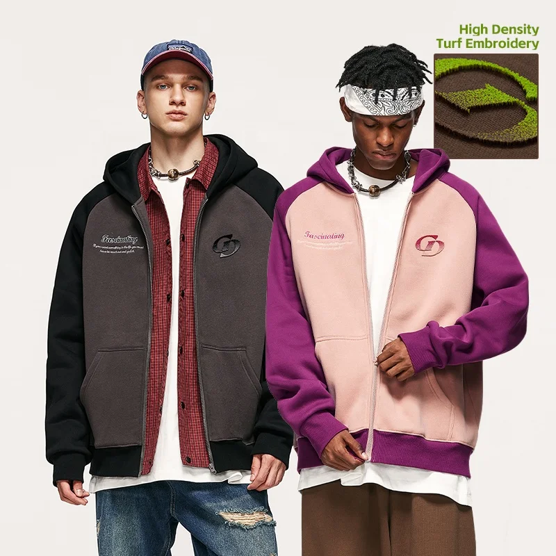 INFLATION Raglan Sleeve Turf Embroidery Zipper Hoodie 350 GSM Fleece Zip Up Premium Hoodie