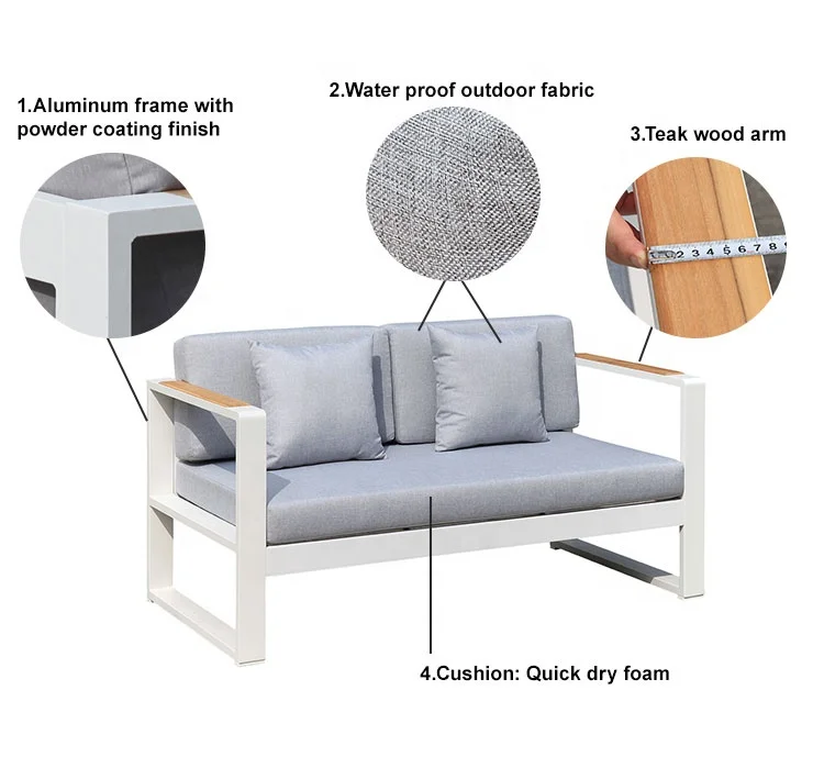 modern aluminum teak wood armrest 2 seater sofa outdoor for hotel & garden