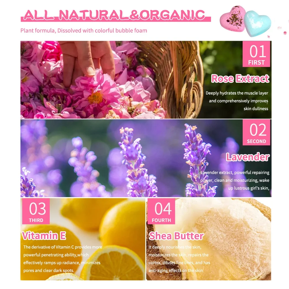 Msds/100% Natural Ingredients Wholesale Salt Bathbombs Fizzy Heart Shapes Bath Bomb With Petals