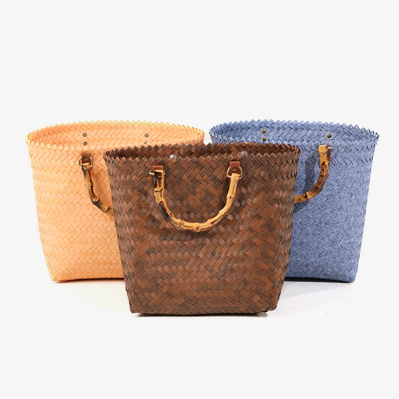 Bamboo Shape Handle PP Straw Woven Bag Girls Trendy Hand Bags For Woman Fashion Purses Big Capacity Shopping Bags