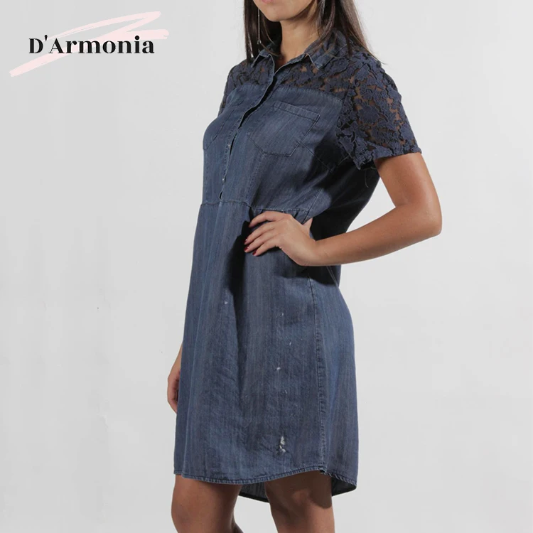 Wholesale Short Sleeve Lapel Casual Dress 100% Tencel Dark Blue Womens Dresses