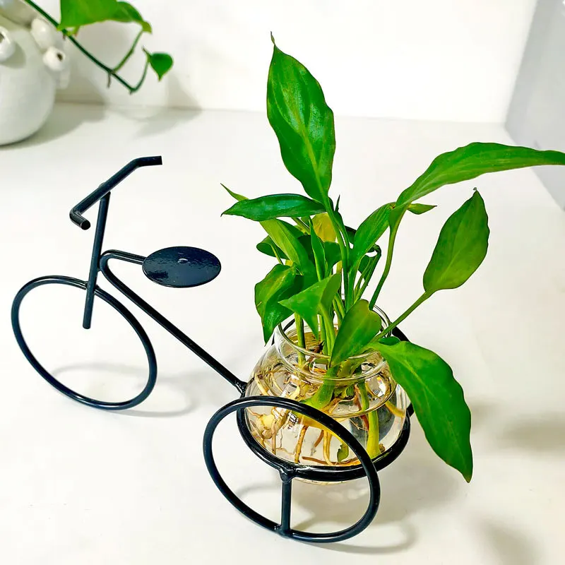 Retro iron three-wheeled bicycle model can be planted hydroponic green plants with glass containers