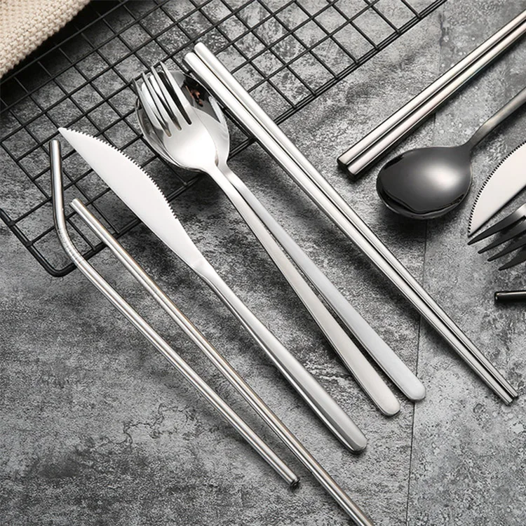 Brilliant Custom Elegant Metal Stainless Steel Spoon And Fork Flatware Sets Table Cutlery Straw Gift Set
