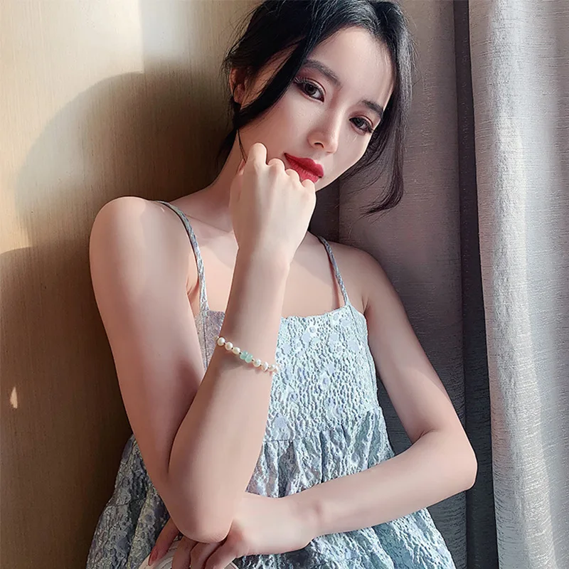 Real gold electroplating OT buckle pearl jade bracelet greenstone baroque wind retro hand string minority design sense